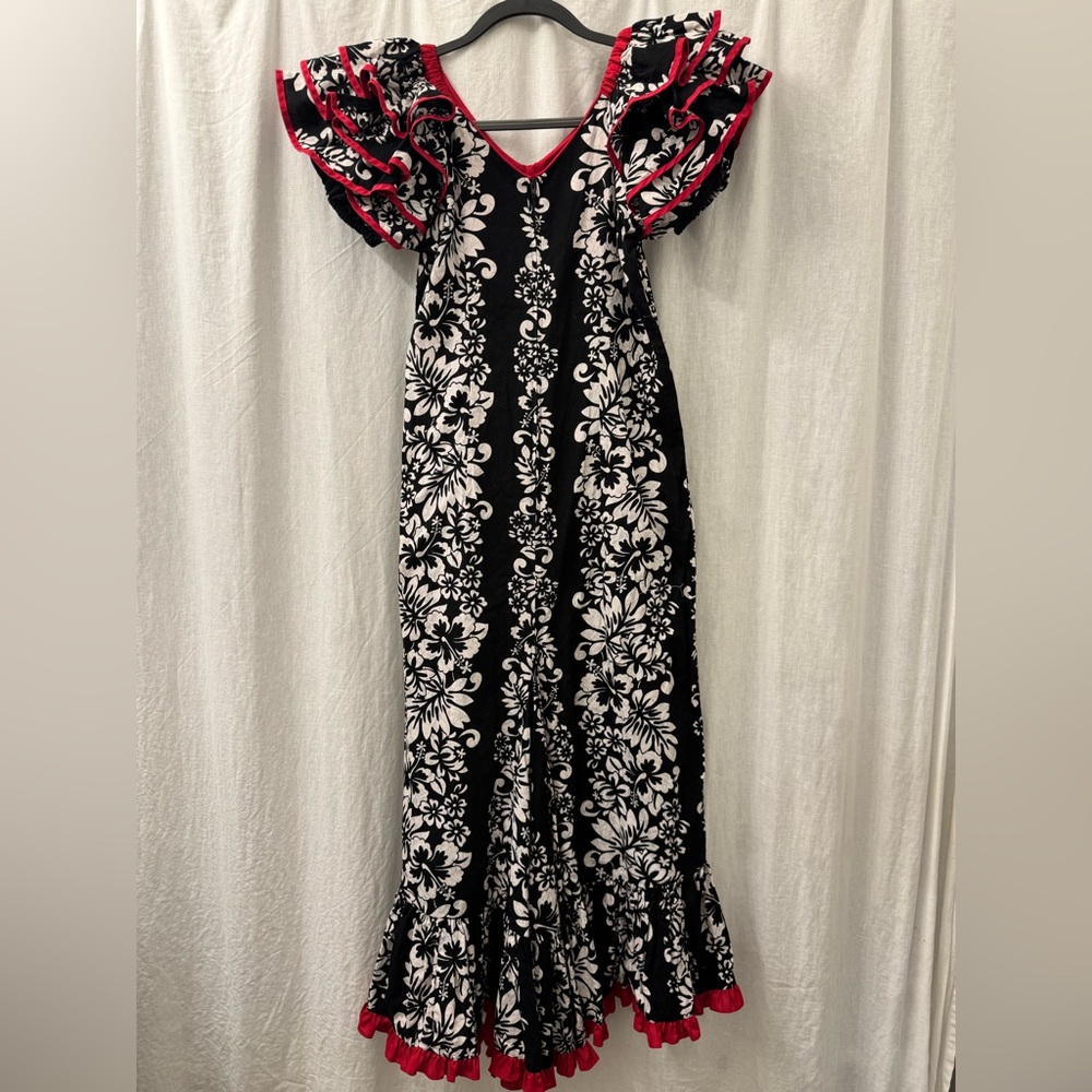 Vintage RM Made in Hawaii USA Floral Black White Red‎ Trim Mermaid Maxi Dress M? - Picture 2 of 15